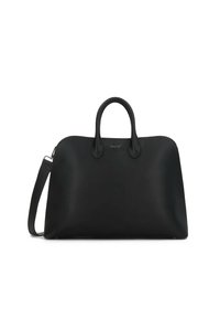 Borsa a tracolla nera in pelle con due manici corti e una tracolla rimovibile. Tessuto liscio e bordi arrotondati, caratterizzata da un design minimalista.