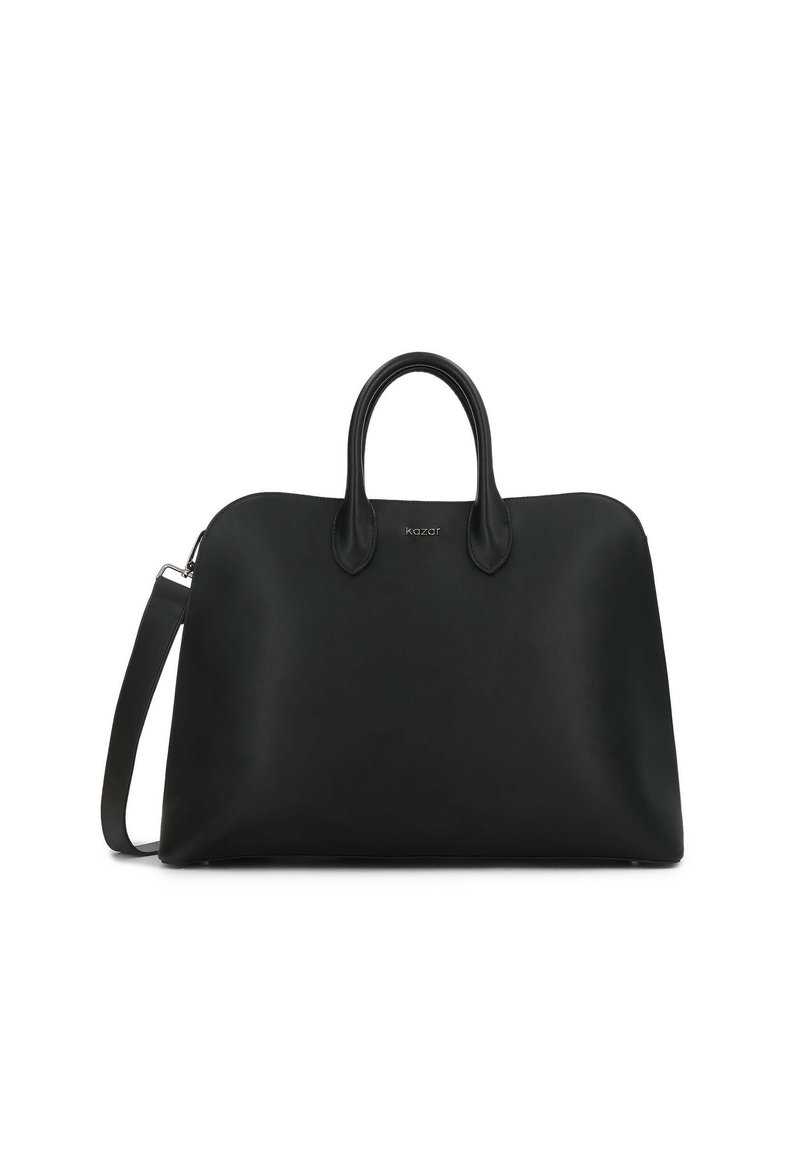Borsa a tracolla nera in pelle con due manici corti e una tracolla rimovibile. Tessuto liscio e bordi arrotondati, caratterizzata da un design minimalista.