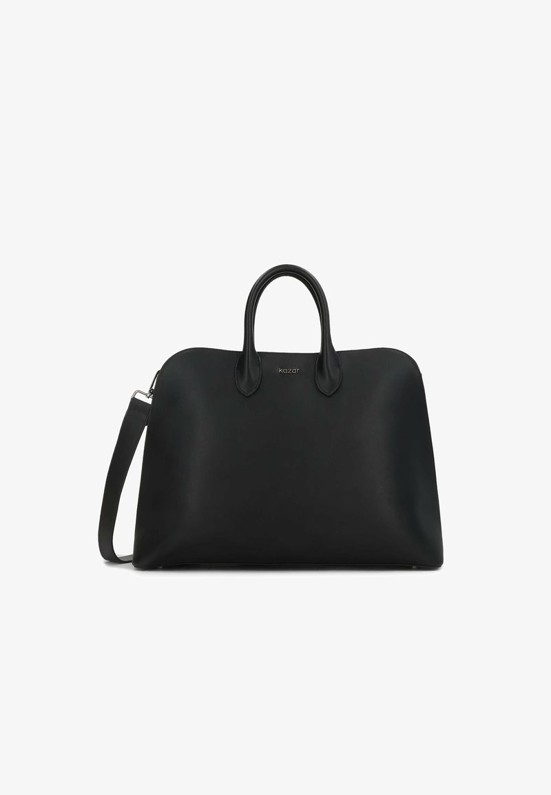 Borsa a tracolla nera in pelle con due manici corti e una tracolla rimovibile. Tessuto liscio e bordi arrotondati, caratterizzata da un design minimalista.