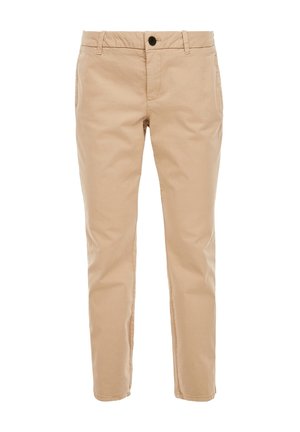 Pantalon beige slim-fit avec passants de ceinture, poches latérales, fermeture par bouton et fermeture éclair, présenté sur fond blanc.