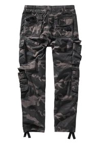 Cargo pants in black and gray camouflage pattern. Made of durable fabric, featuring multiple pockets, adjustable cuffs, and a relaxed fit.