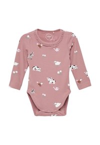 Gestreiftes langärmliges Body in Pink mit Tier- und Blumenmustern. Mit einem gerafften Kragen und Druckknöpfen am Boden.