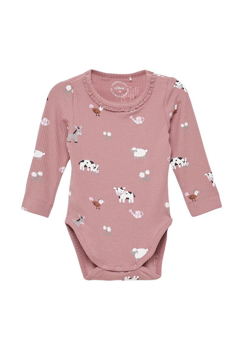 Gestreiftes langärmliges Body in Pink mit Tier- und Blumenmustern. Mit einem gerafften Kragen und Druckknöpfen am Boden.