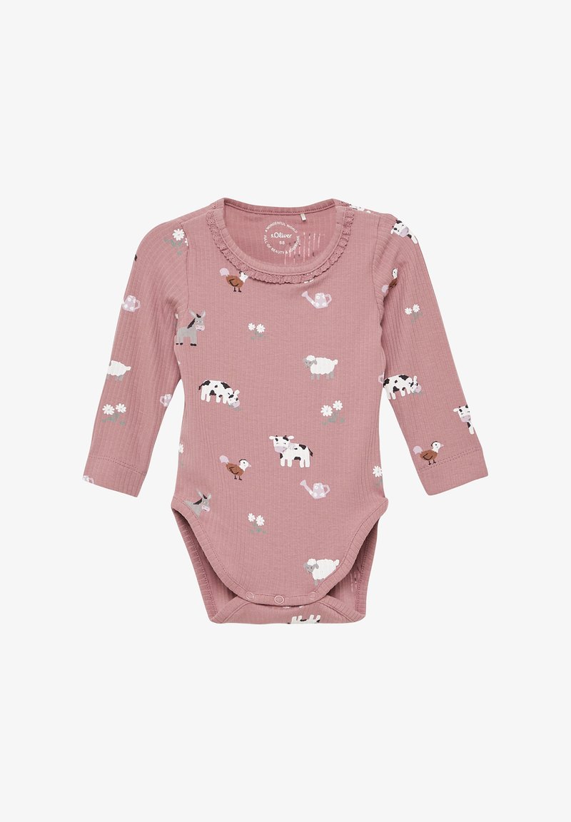 Geribbelde longsleeve bodysuit in het roze met dieren- en bloemenpatronen. Kenmerkt zich door een ruffles op de nek en drukknopen onderaan.