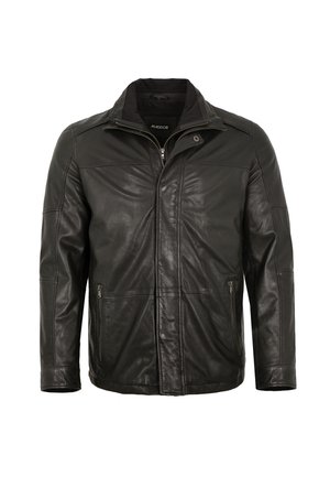 Black leather jacket with front zipper, high collar, side pockets with zippers, and long sleeves, displayed on a plain white background.