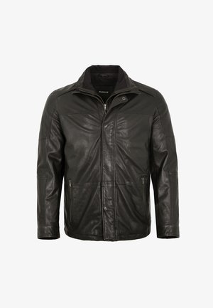 Schwarze Lederjacke mit Frontreißverschluss, hohem Kragen, seitlichen Taschen mit Reißverschlüssen und langen Ärmeln, dargestellt auf einem einfachen weißen Hintergrund.