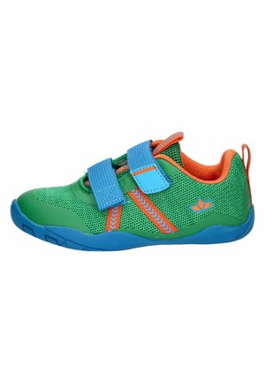 Green and blue children's sneaker with orange interior, two blue hook-and-loop straps, and orange patterned accents.