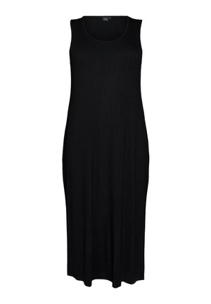 Sort ribbet midi-kjole uden ærmer med rund hals og afslappet pasform.