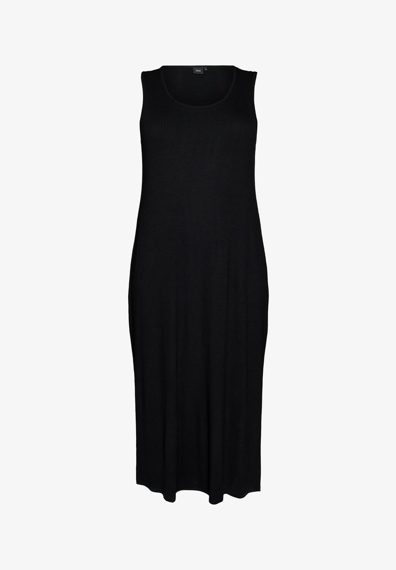 Robe midi noire côtelée sans manches avec encolure dégagée et coupe décontractée.