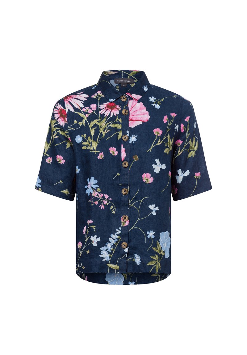 Korte mouwen overhemd met knopen in marineblauw met een bloemenpatroon in roze, blauw en groen. Voorzien van houten knopen en een klassiek kraagontwerp.
