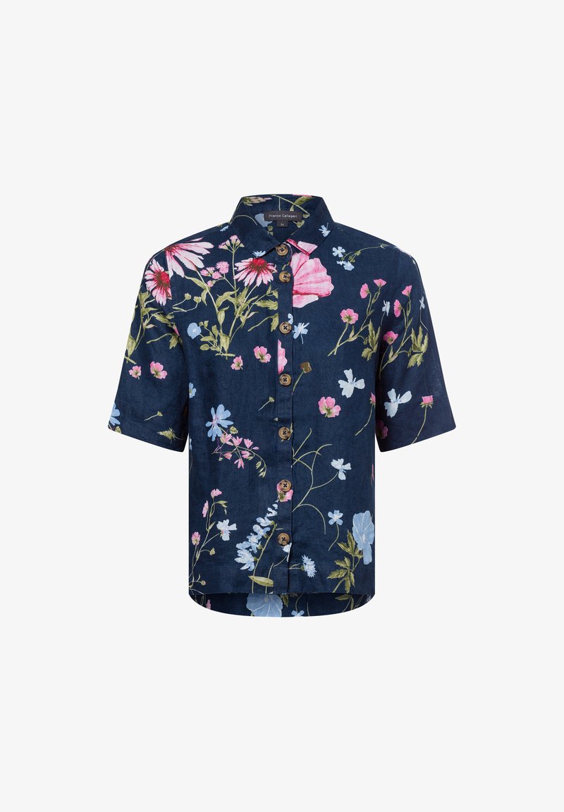 Korte mouwen overhemd met knopen in marineblauw met een bloemenpatroon in roze, blauw en groen. Voorzien van houten knopen en een klassiek kraagontwerp.