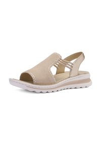 Béžová sandála s otevřenou špičkou, polstrovanou podrážkou, elastickými bočními pásky a kovovým zadním páskem pro lepší oporu a pohodlí.