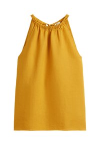 Mosterdgele mouwloze top met een geplooide halslijn, lichte draping en een knoopsluiting op de rug. Gemaakt van een glad, geweven stof.