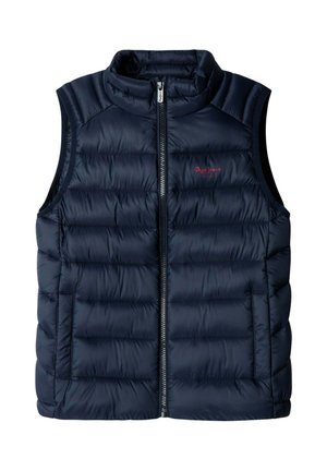 Marineblauwe doorgestikte mouwloze donzen bodywarmer met hoge kraag, ritssluiting aan de voorkant, zijzakken en een klein rood geborduurd logo op de borst.