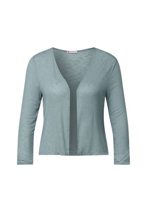 Langærmet cardigan i blødt, lys teal-stof med V-hals og åben frontdesign. Har en subtil, tekstureret finish.