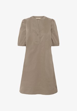 Sukienka z krótkim rękawem w kolorze taupe, z dekoltem w kształcie litery V i pojedynczym guzikiem. Wykonana z gładkiego materiału, z bufiastymi rękawami i luźnym krojem.