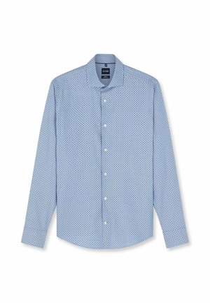 Light blue men's long-sleeve button-up shirt with small dark geometric pattern and classic collar, laid flat on a white background.