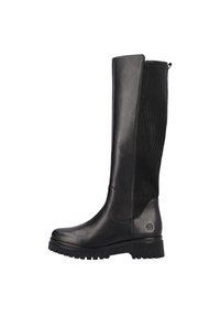 Bottes noires hautes avec un corps en cuir lisse et un panneau en textile à côtes. Comprend une semelle en caoutchouc robuste et une fermeture éclair à l'arrière pour un enfilage facile.