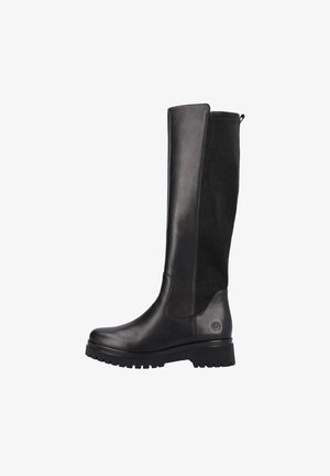 Bottes noires hautes avec un corps en cuir lisse et un panneau en textile à côtes. Comprend une semelle en caoutchouc robuste et une fermeture éclair à l'arrière pour un enfilage facile.