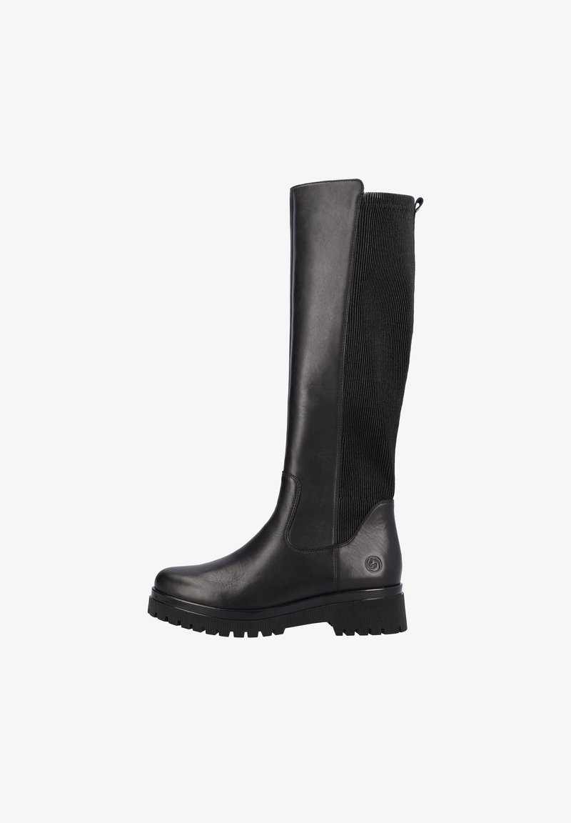 Black tall boots with a smooth leather body and ribbed textile panel. Features a sturdy rubber sole and a rear zipper for easy wear.