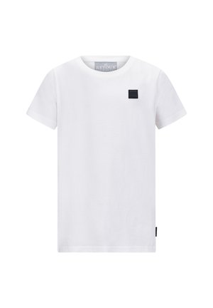 Witte T-shirt met korte mouwen van katoen, uitgerust met een klein zwart vierkant logo op de linkerborst en een ronde hals.