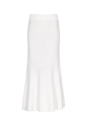 Biała, długości do kolan, rozkloszowana spódnica wykonana z miękkiego materiału. Posiada gładką talię i prosty, nieozdobiony fason.
