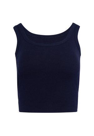 Marineblå ribstrikket cropped tanktop med brede skulderstropper og rund halsudskæring, vist mod en hvid baggrund.
