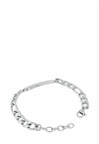 Pulsera de cadena de plata con eslabones ovalados, un acabado suave y pulido, y un cierre de langosta. Presenta una placa rectangular en blanco para grabado.