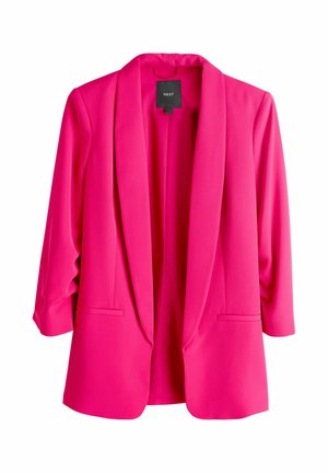 Fuchsiafarbener Blazer aus leichtem Stoff, mit Schalkragen, langen Ärmeln und zwei Vordertaschen, elegant und strukturiert gestaltet.