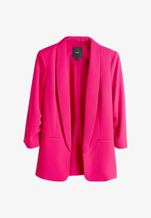 Blazer fucsia in tessuto leggero, con collo a scialle, maniche lunghe e due tasche frontali, design liscio e strutturato.