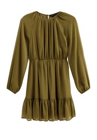 Vestido verde oliva con mangas largas, cuerpo plisado y dobladillo con volantes. Fabricado con tela ligera, con cierre en la espalda tipo ojal.