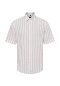 Korte mouwen knoopshirt in lichtbeige met witte verticale strepen, gemaakt van een textuurstof met een klassieke kraag en parelknopen.