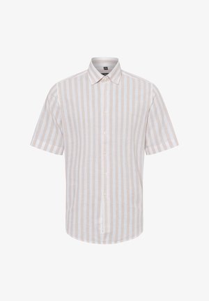 Kurze Ärmel Hemd mit Knopfleiste in hellbeige und weißen vertikalen Streifen, aus einem strukturierten Stoff mit klassischem Kragen und Perlenknöpfen.