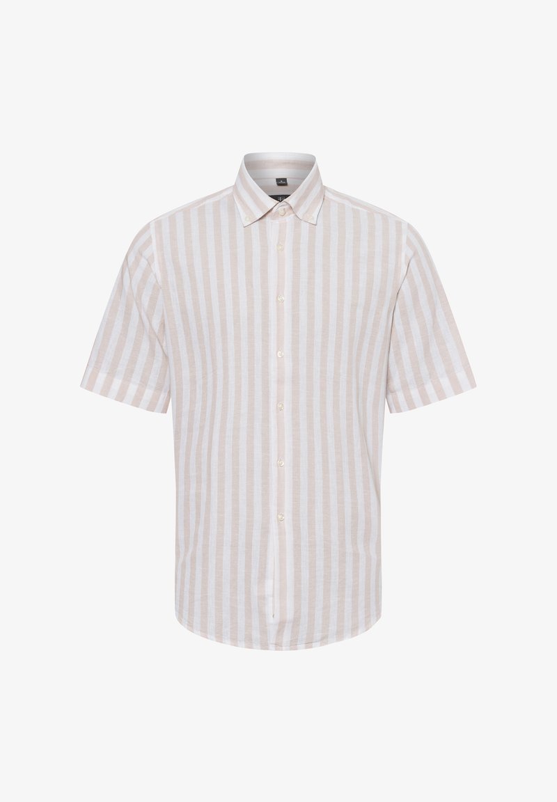 Short-sleeve button-up shirt in light beige and white vertical stripes, made from a textured fabric with a classic collar and pearl buttons.