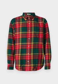 Červená, zelená a žlutá kostkovaná košile s dlouhým rukávem, límečkem s knoflíky, přední kapsou a knoflíkovým zapínáním vpředu i na manžetách.