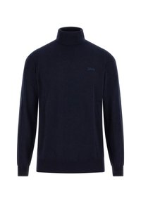 Maglione a collo alto blu navy realizzato in tessuto morbido, con maniche lunghe e polsini e bordo a coste, con un piccolo logo sul petto.