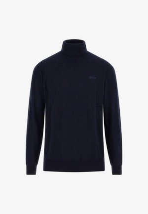 Navy blue turtleneck sweater made from soft fabric, featuring long sleeves and ribbed cuffs and hem, with a small logo on the chest.