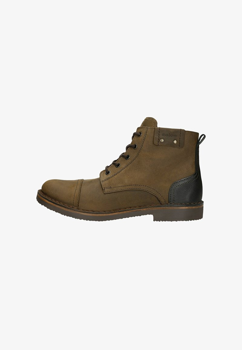 Stivale ankle in pelle marrone con punta tonda, tacco texturizzato nero, design con lacci e cuciture a contrasto lungo la suola.
