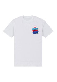 Bílý bavlněný tričko s barevným grafikou s textem "Nápoje! PEPSI PEPSI PEPSI" v modré, červené a černé barvě. Standardní kulatý výstřih.