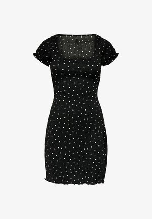 Mustvalge lühikeste varrukatega vormiv kleit valgete täppidega, ruudukujuline kaelus ja volangidega varrukaääred.