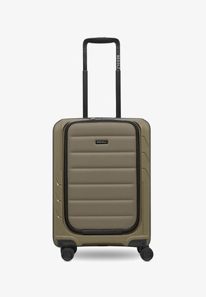 Hard-shell olive green suitcase with padded front pocket, telescopic handle, and four spinner wheels.