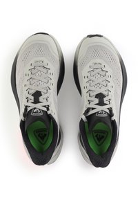 Graue Sport Schuhe mit schwarzen Sohlen und Akzenten, ausgestattet mit einem Obermaterial aus Mesh, Schnürverschluss und grünen Einlegesohlen. Rossignol-Logo auf der Zunge.