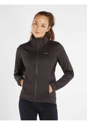 Veste zippée noire en tissu doux, dotée d'un col montant, de poches latérales et de poignets ajustés. Logo discret sur la zone gauche de la poitrine.