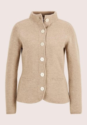 Beige gemêleerde gebreide cardigan met lange mouwen, stond hals, zes lichtgekleurde knopen en twee voorzakken.