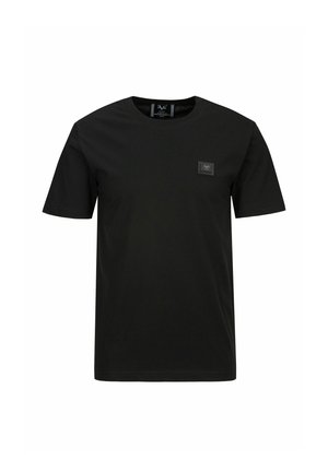 Schwarzes Baumwoll-T-Shirt mit rundem Halsausschnitt, kurzen Ärmeln und einem kleinen quadratischen Logopatch auf der linken Brust. Glatte Textur, reguläre Passform.