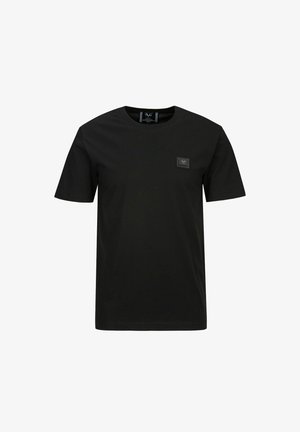 Zwarte katoenen t-shirt met ronde hals, korte mouwen en een klein vierkant logo op de linkerborst. Gladde textuur, reguliere pasvorm.