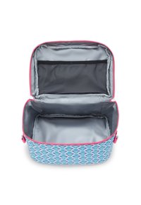 Borsa con zip a motivo blu e rosa, con interno grigio. Presenta una tasca in rete all'interno e un design robusto per una maggiore durata.
