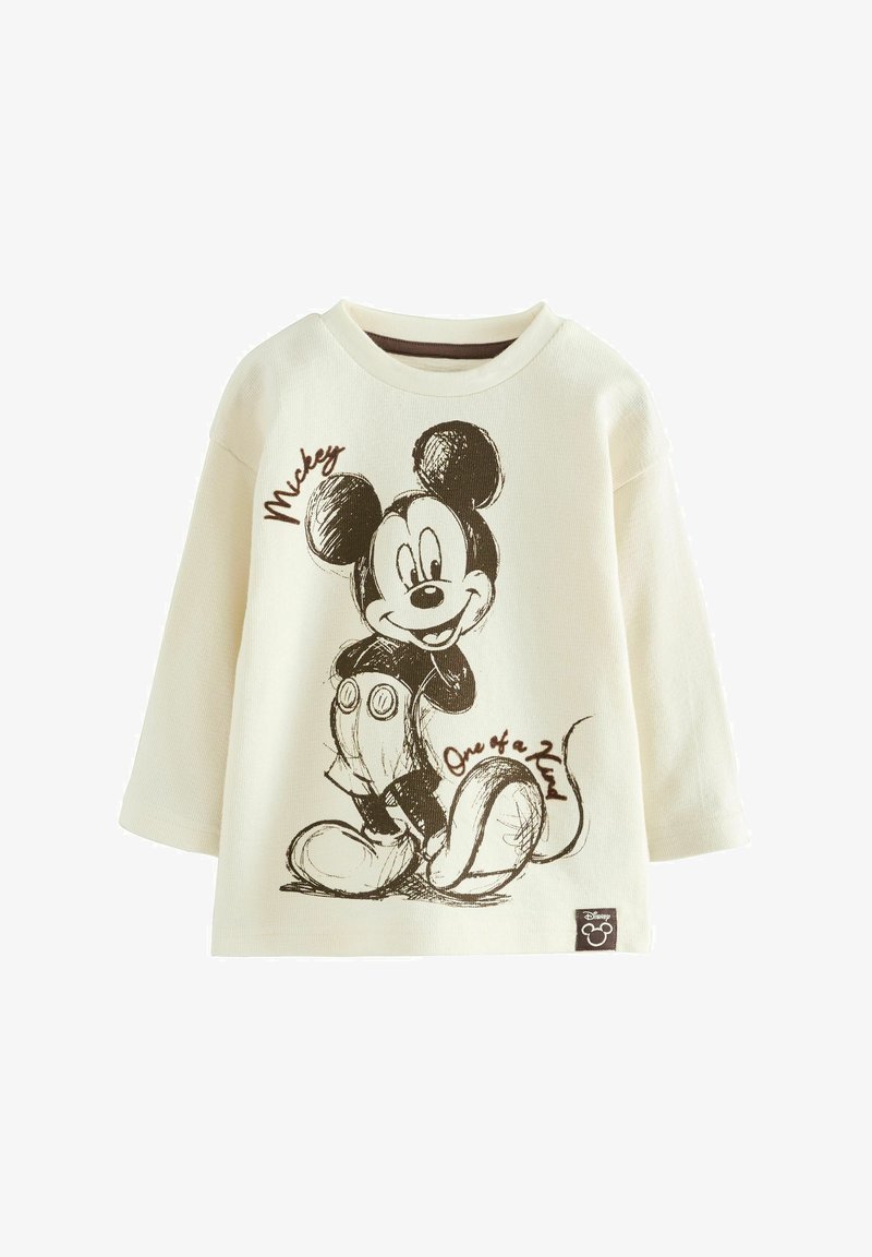 Cream-colored long sleeve shirt with a sketch-style drawing of Mickey Mouse and the words "Mickey" and "One of a kind."