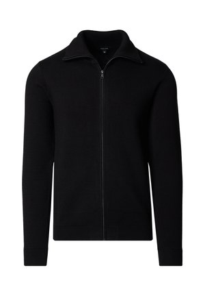 Czarny kardigan na całe zapięcie na zamek, z długimi rękawami i kołnierzem, wykonany z dzianiny, przedstawiony na białym tle.