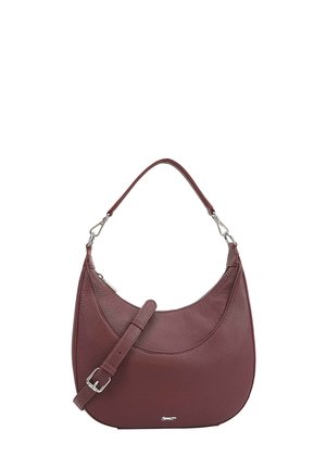 Maroon leather handbag with a curved shape, short handle, and adjustable strap. Features a subtle logo and textured surface.